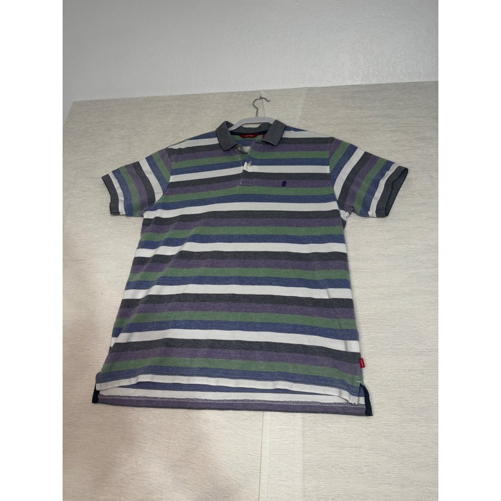 IZOD Mens Purple Green Blue Striped Cotton Pique Short Sleeve Polo Shirt Size M
